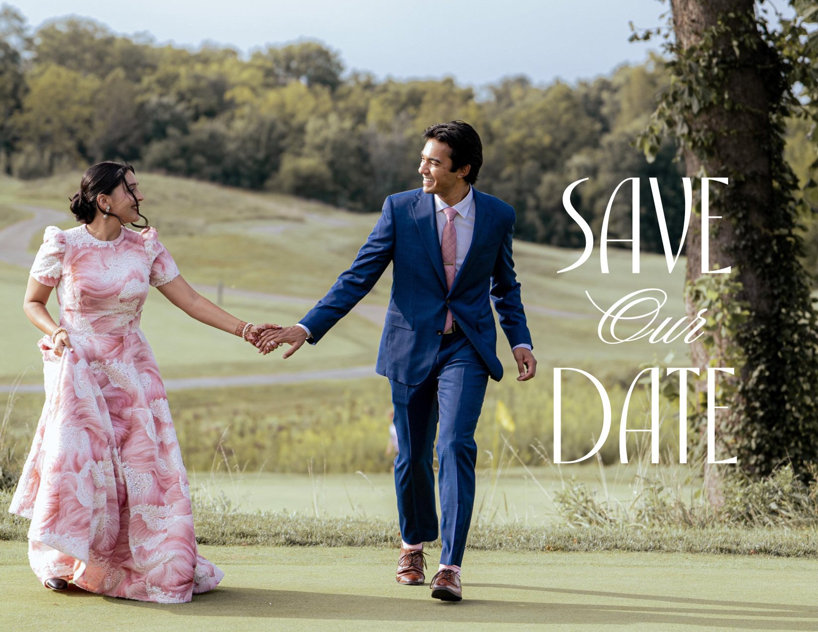 Aadesh and Riyana walking hand in hand across a golf course